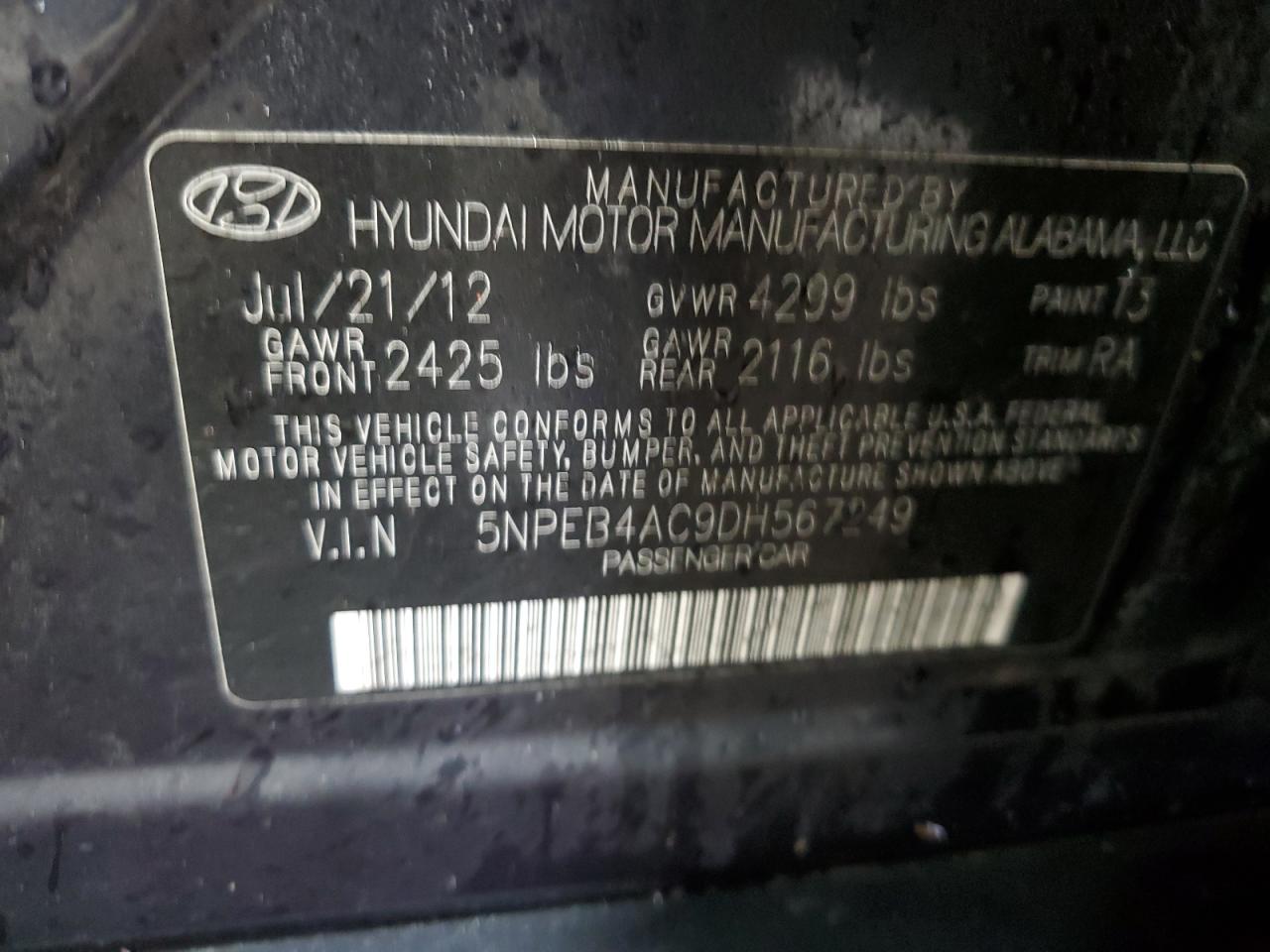 5NPEB4AC9DH567249 2013 Hyundai Sonata Gls