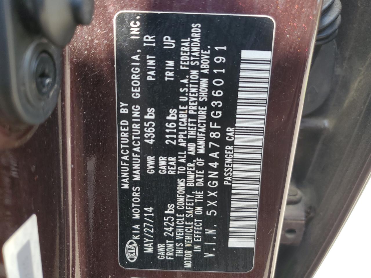 5XXGN4A78FG360191 2015 Kia Optima Ex