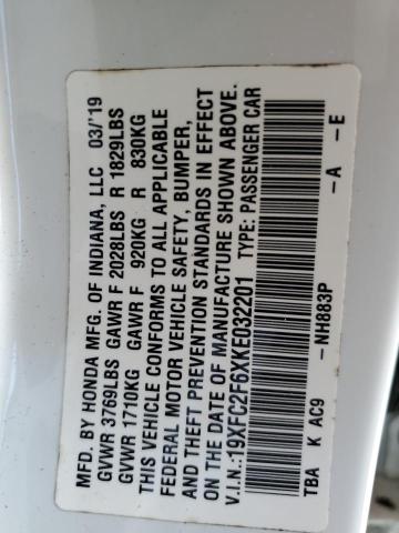 2019 Honda Civic Lx VIN: 19XFC2F6XKE032201 Lot: 51444364