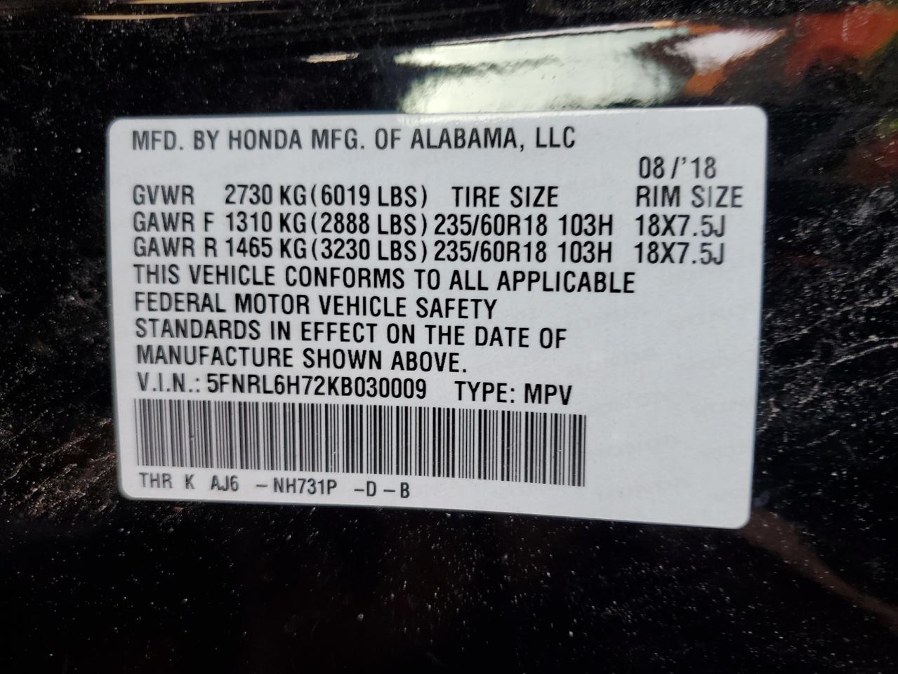 2019 Honda Odyssey Exl vin: 5FNRL6H72KB030009