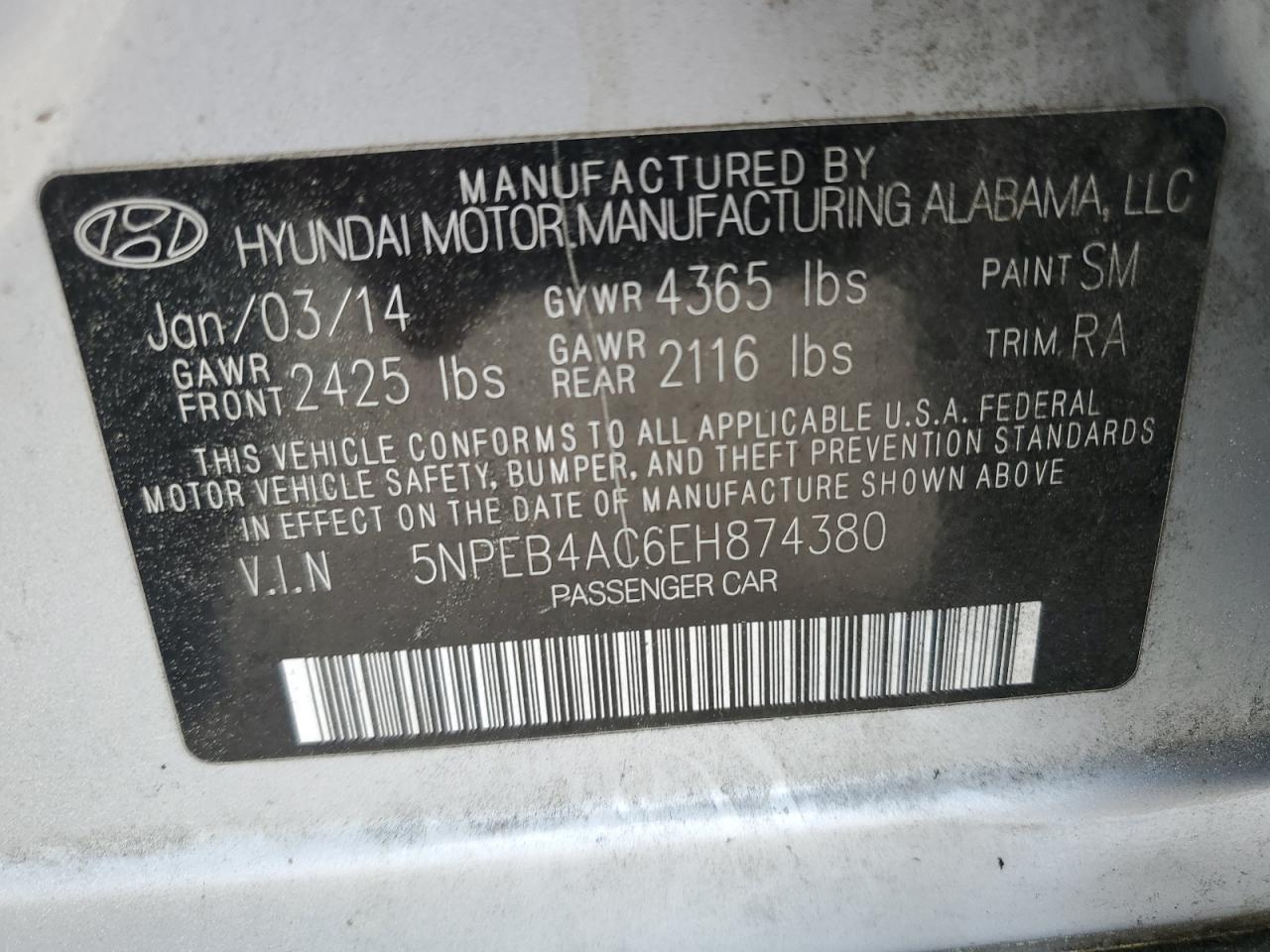 5NPEB4AC6EH874380 2014 Hyundai Sonata Gls