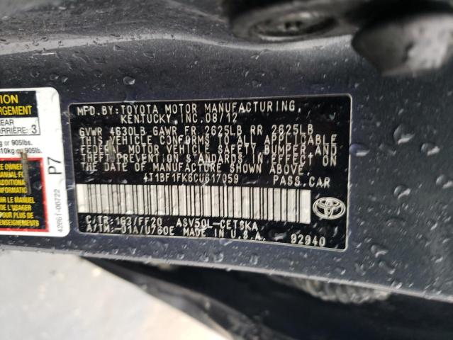 2012 Toyota Camry Base VIN: 4T1BF1FK6CU617059 Lot: 49524054