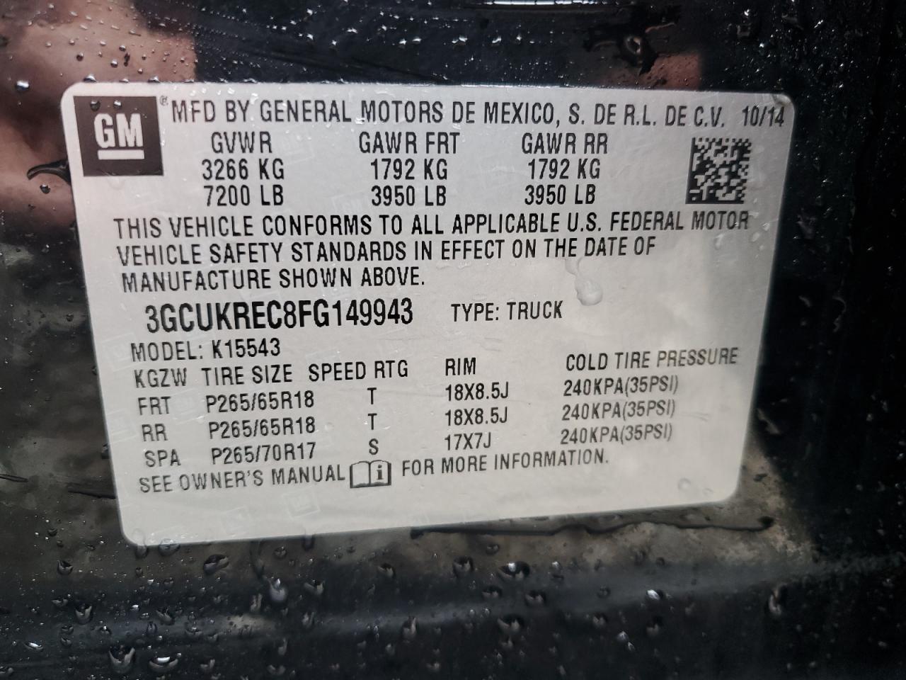 3GCUKREC8FG149943 2015 Chevrolet Silverado K1500 Lt