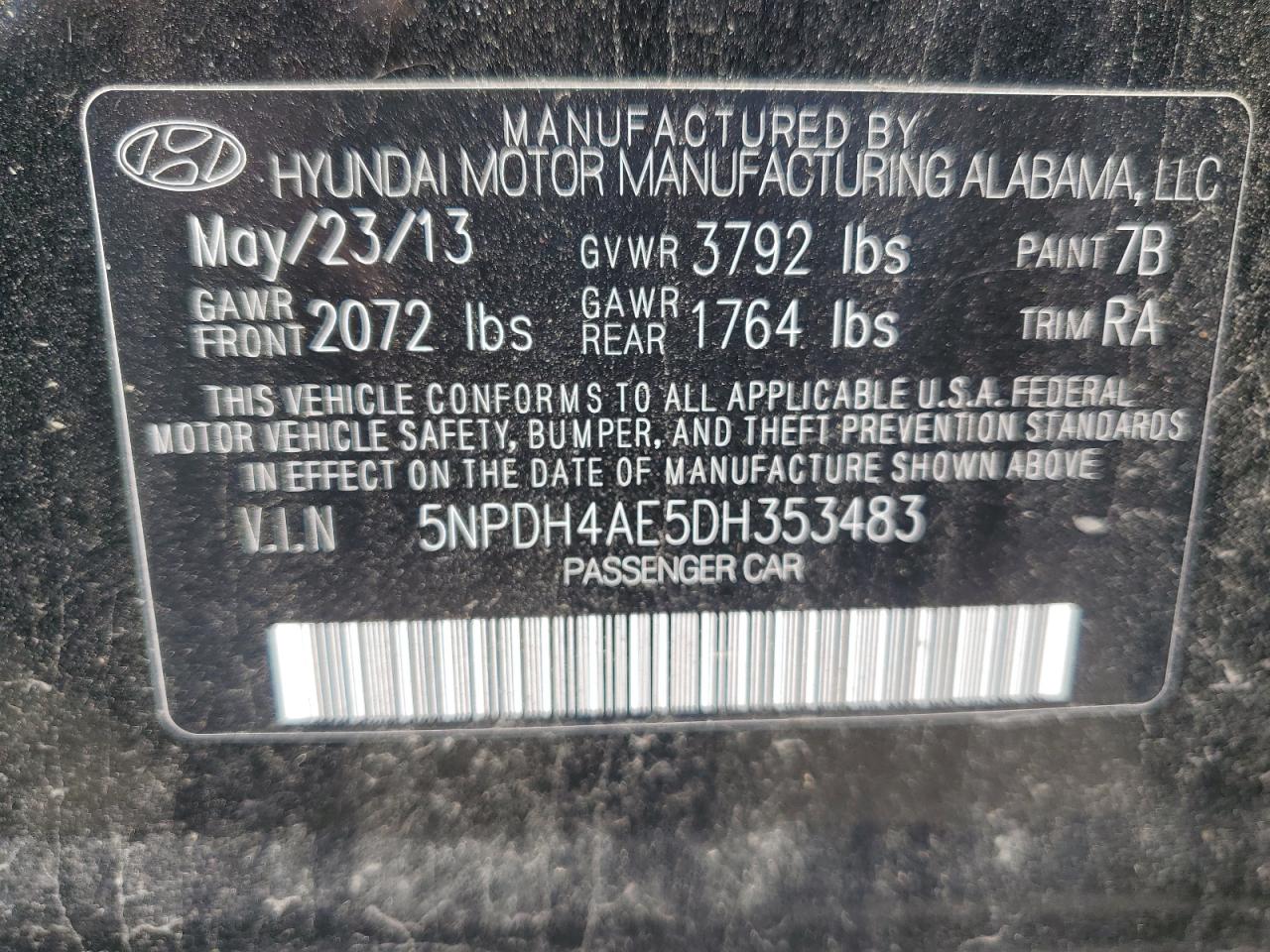 5NPDH4AE5DH353483 2013 Hyundai Elantra Gls