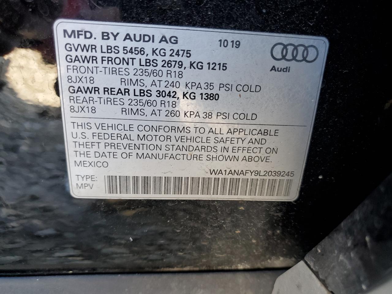 WA1ANAFY9L2039245 2020 Audi Q5 Premium