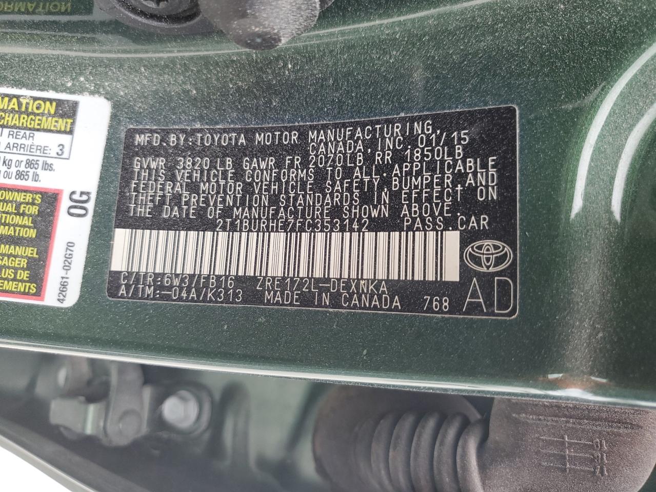 2T1BURHE7FC353142 2015 Toyota Corolla L