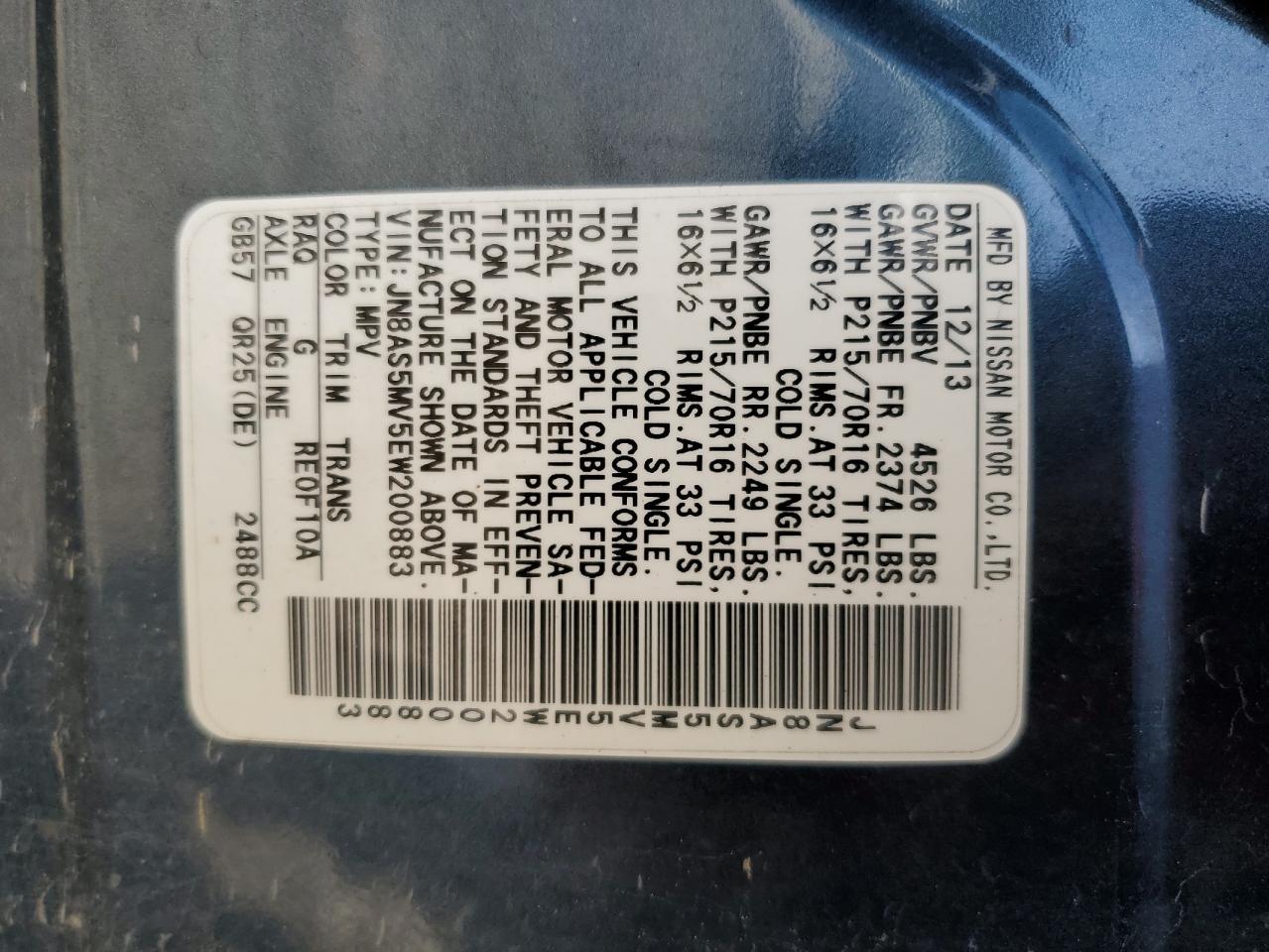 JN8AS5MV5EW200883 2014 Nissan Rogue Select S