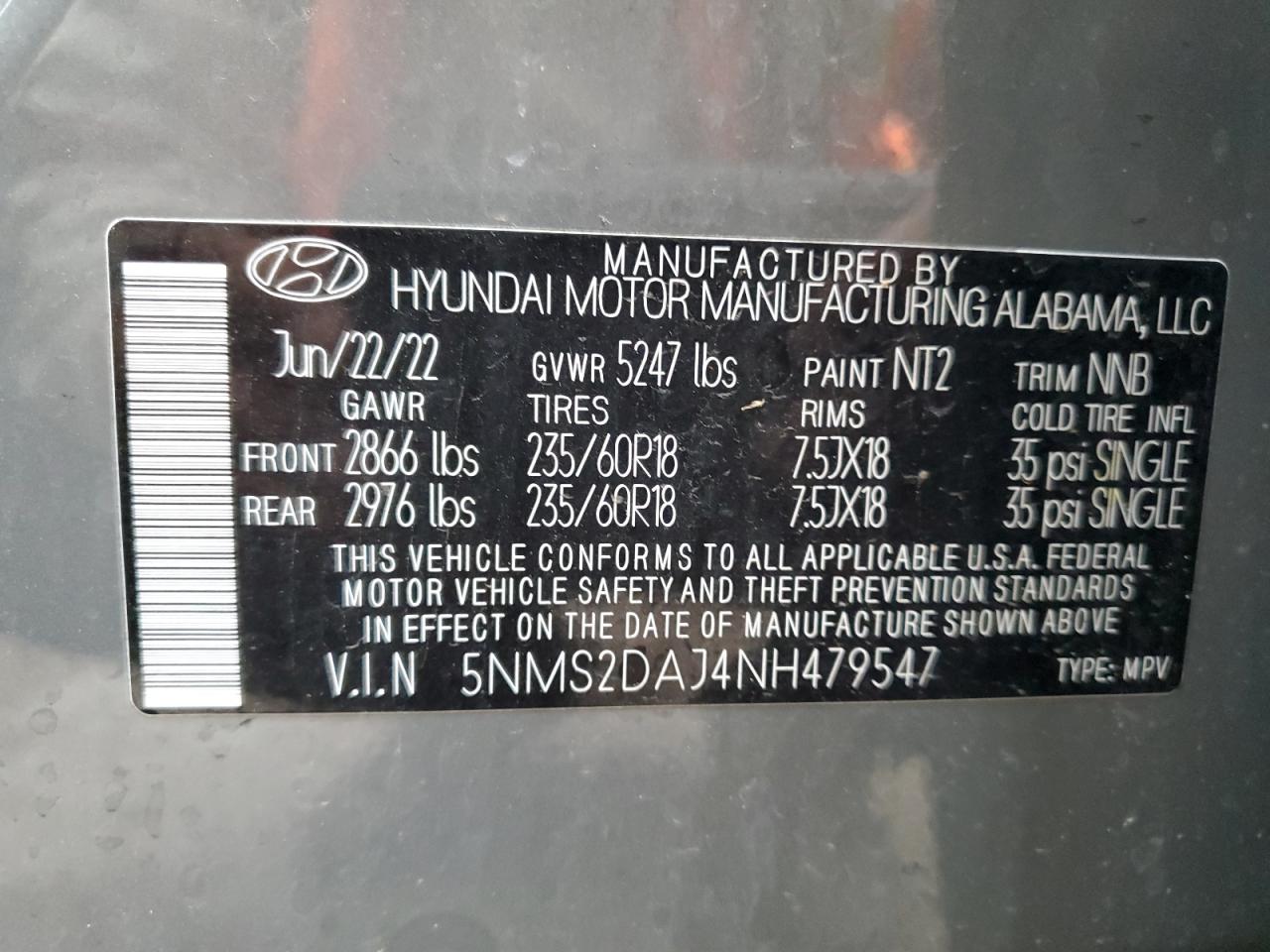 5NMS2DAJ4NH479547 2022 Hyundai Santa Fe Sel