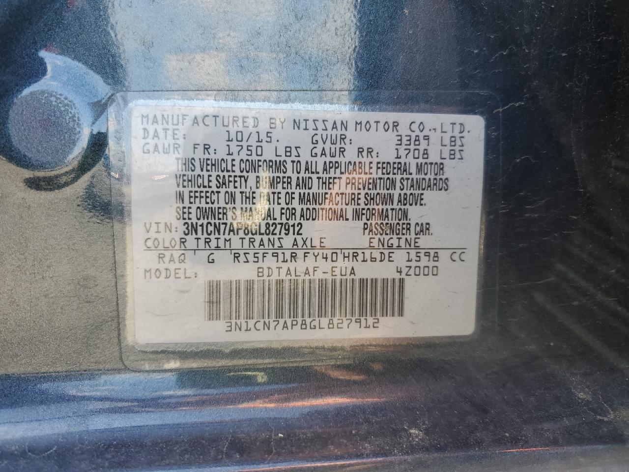 3N1CN7AP8GL827912 2016 Nissan Versa S