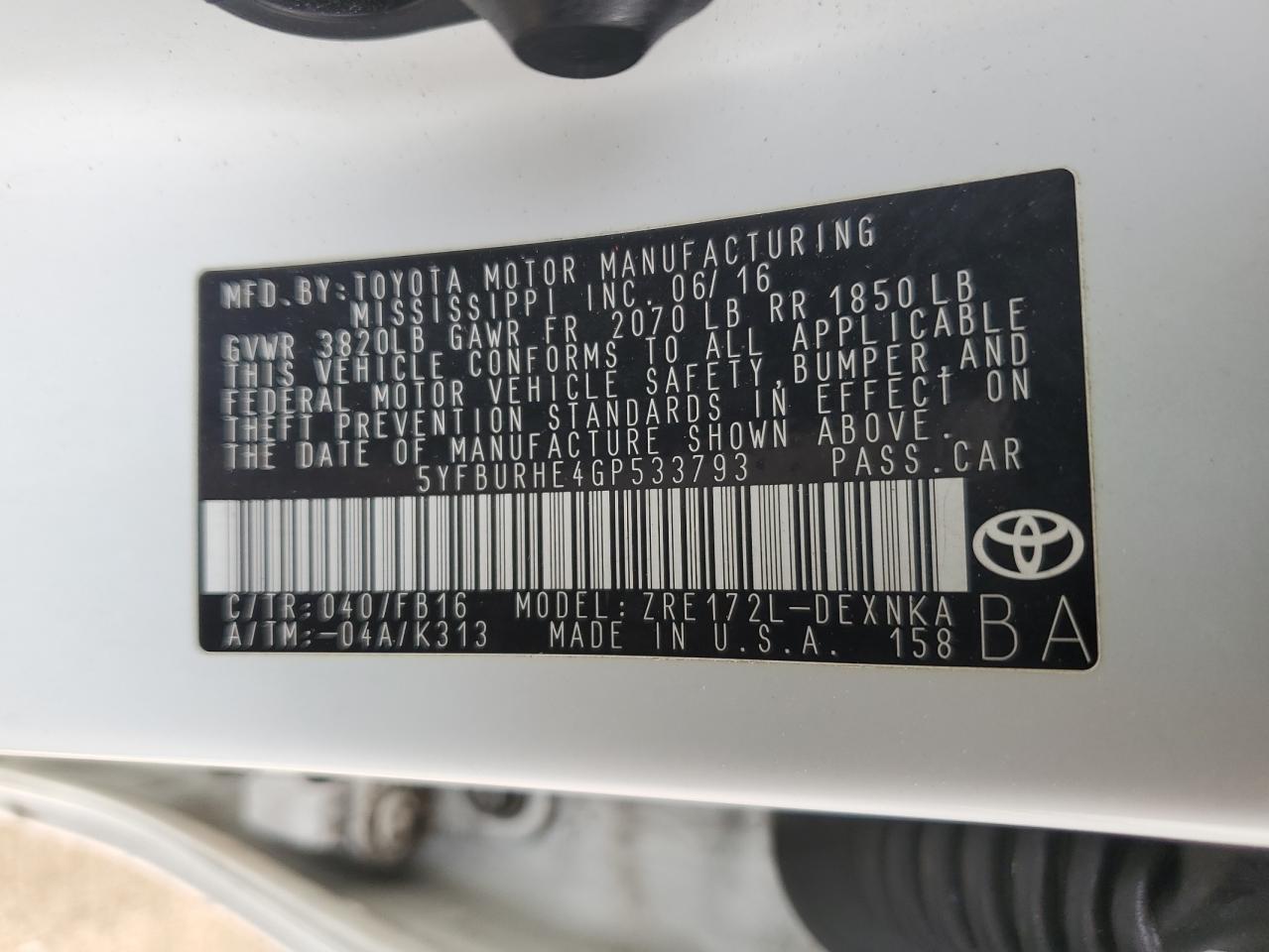 Lot #2947571770 2016 TOYOTA COROLLA L