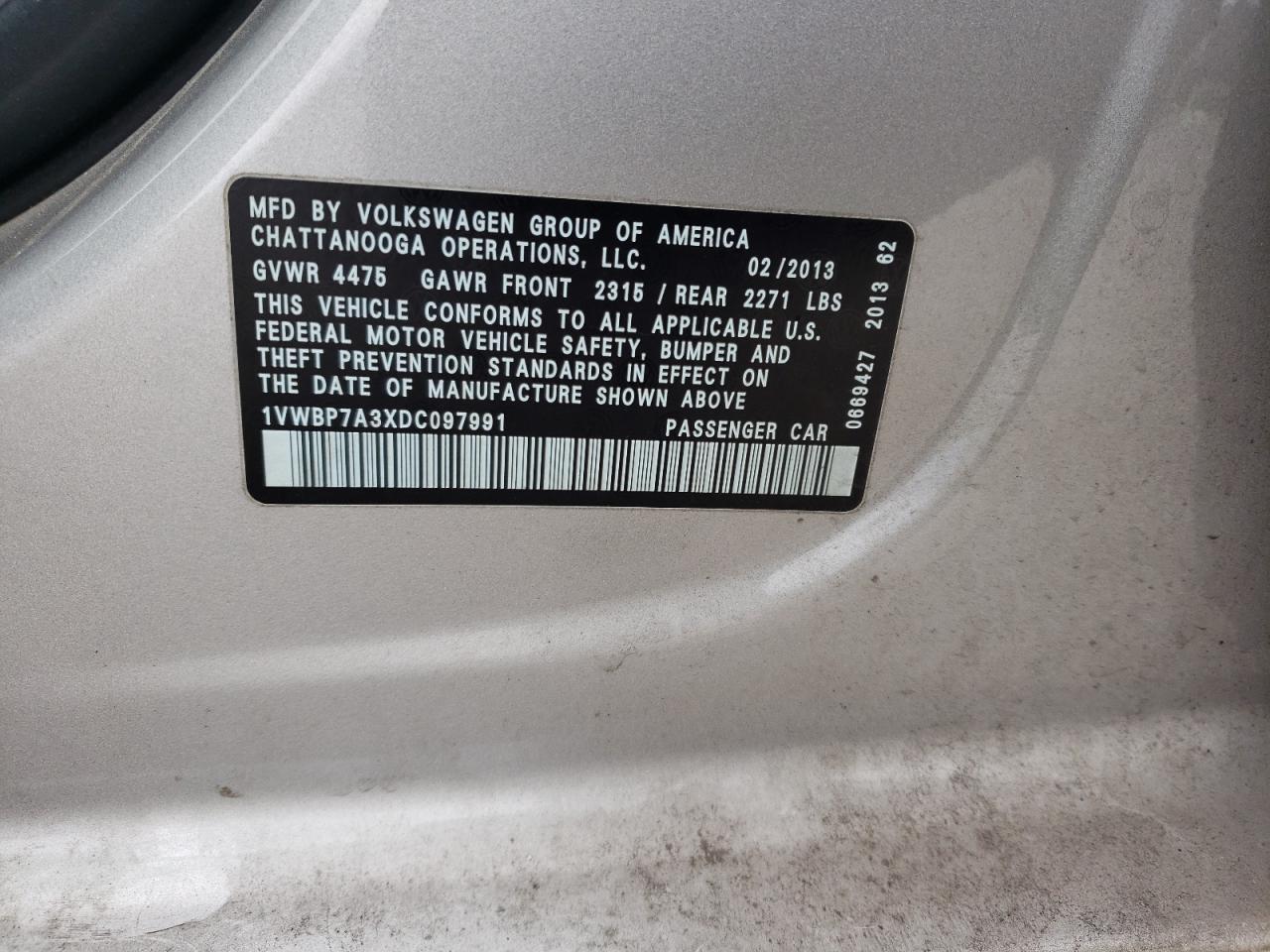 1VWBP7A3XDC097991 2013 Volkswagen Passat Se