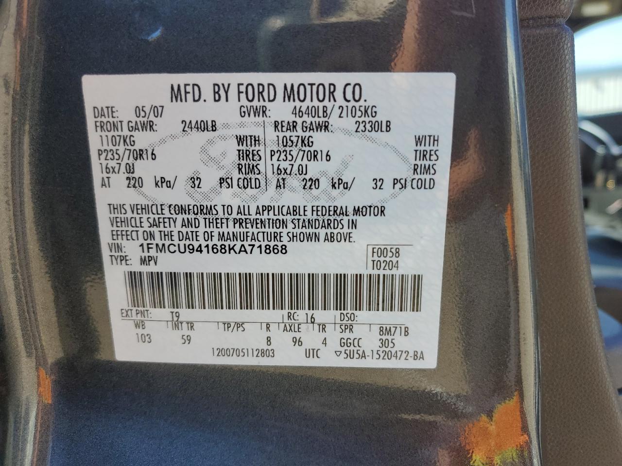 1FMCU94168KA71868 2008 Ford Escape Limited