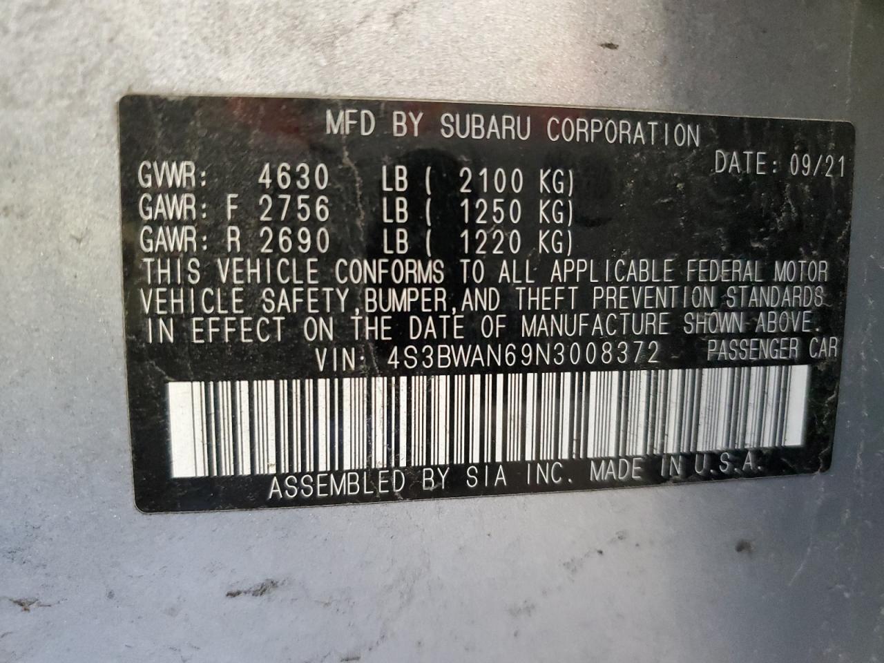 4S3BWAN69N3008372 2022 Subaru Legacy Limited