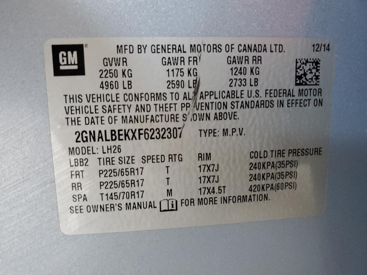 2GNALBEKXF6232307 2015 Chevrolet Equinox Lt