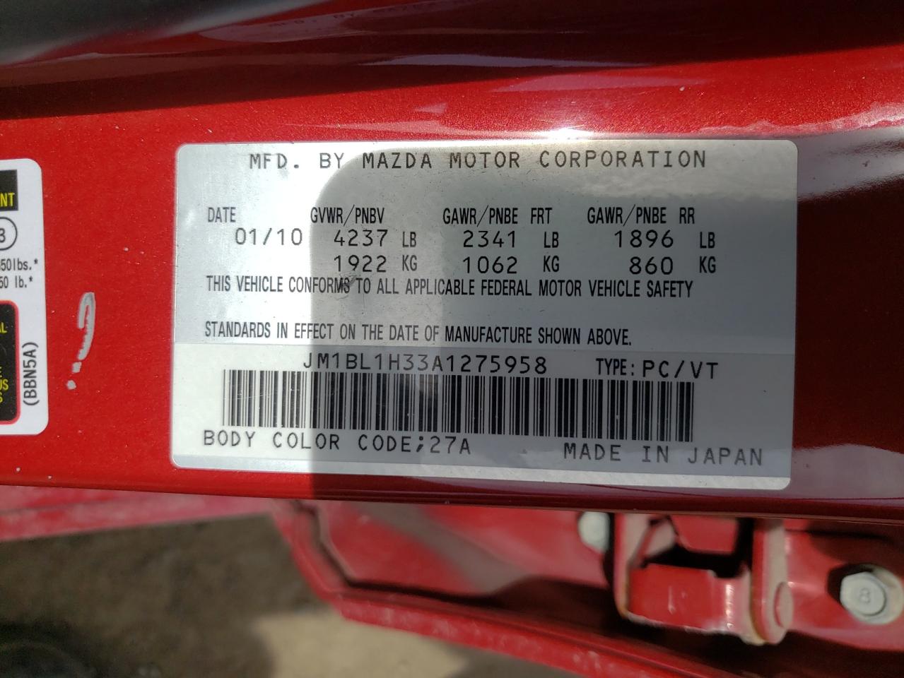 JM1BL1H33A1275958 2010 Mazda Speed 3