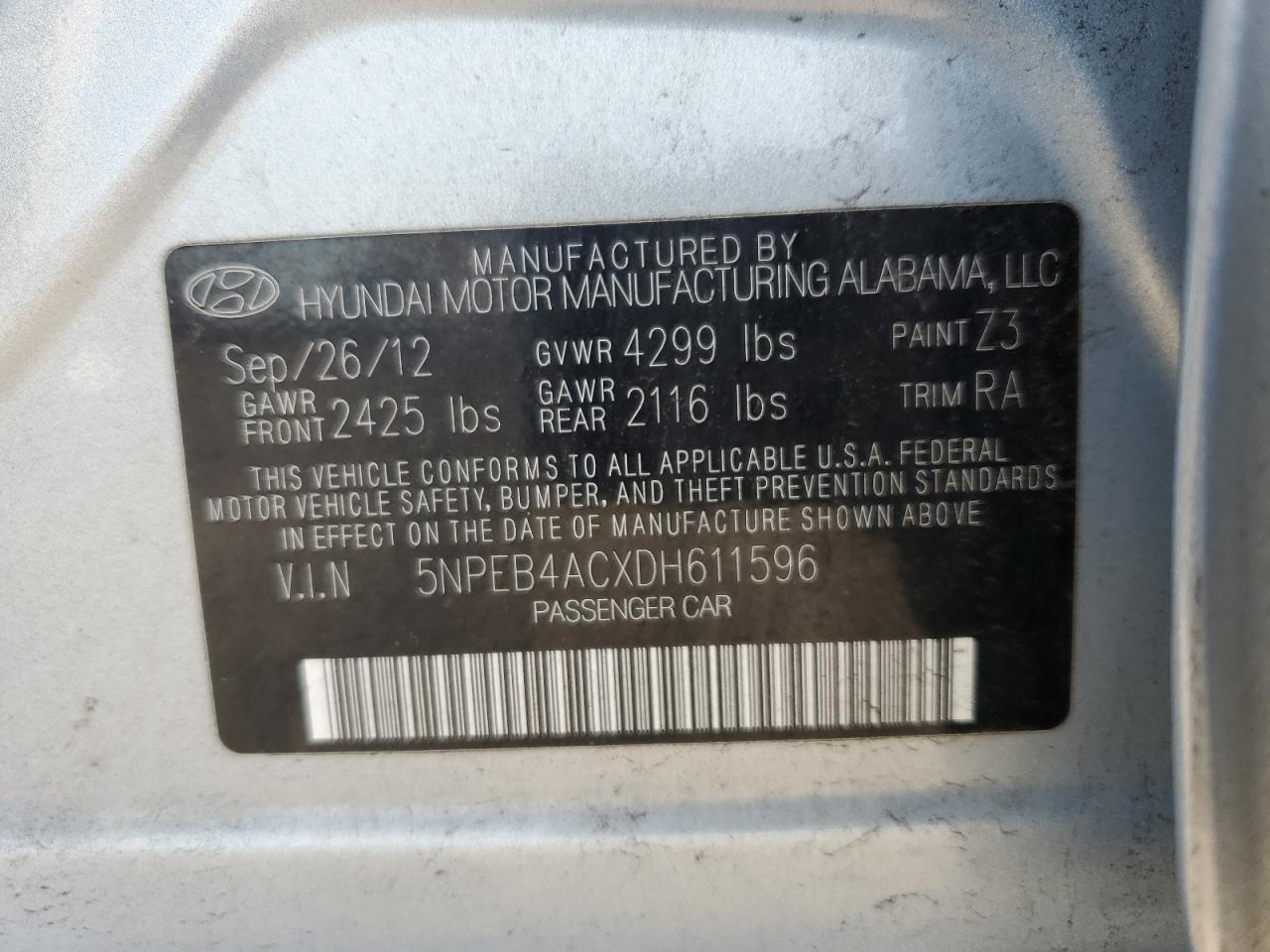 5NPEB4ACXDH611596 2013 Hyundai Sonata Gls