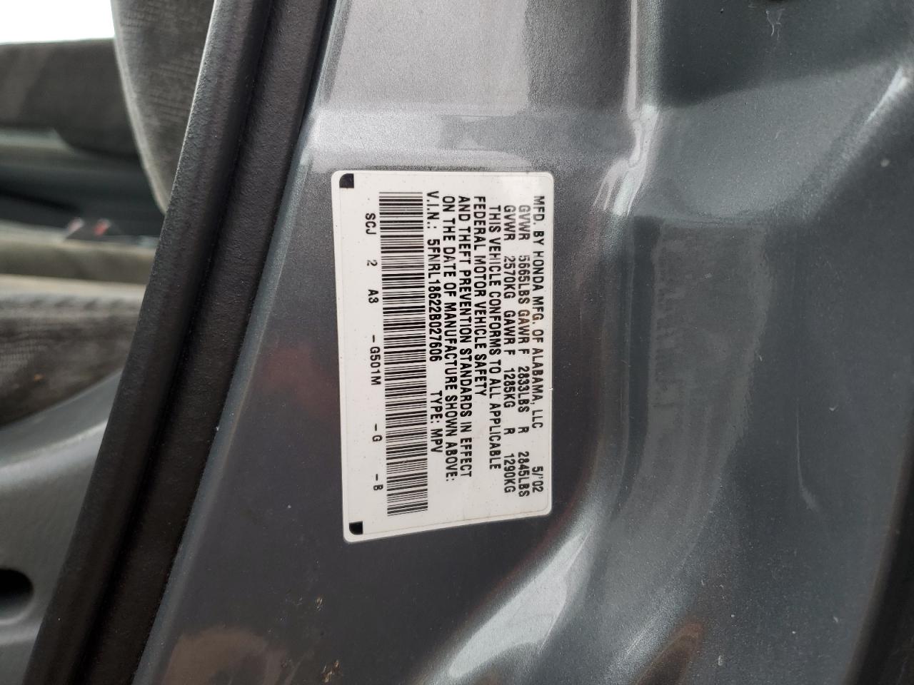 5FNRL18622B027606 2002 Honda Odyssey Ex