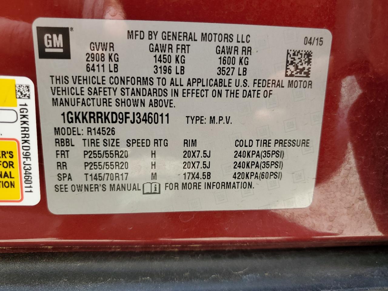 1GKKRRKD9FJ346011 2015 GMC Acadia Slt-1