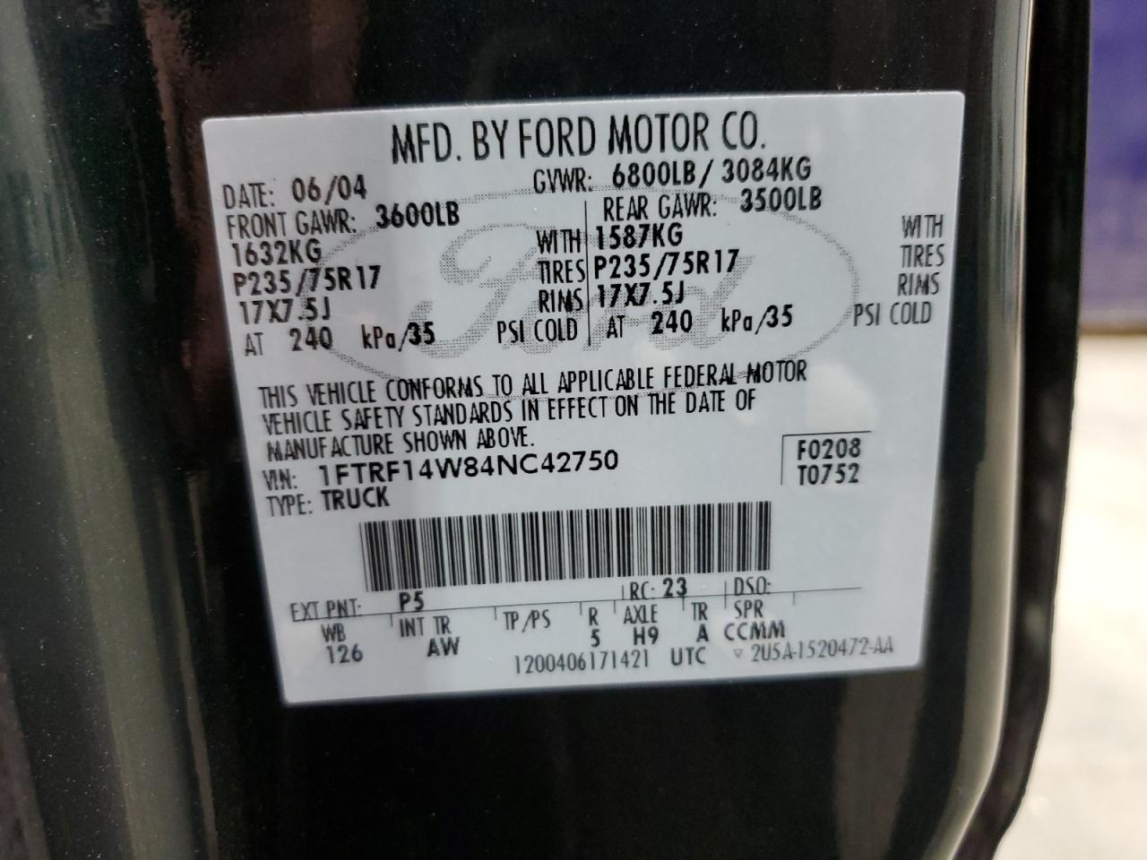 1FTRF14W84NC42750 2004 Ford F150