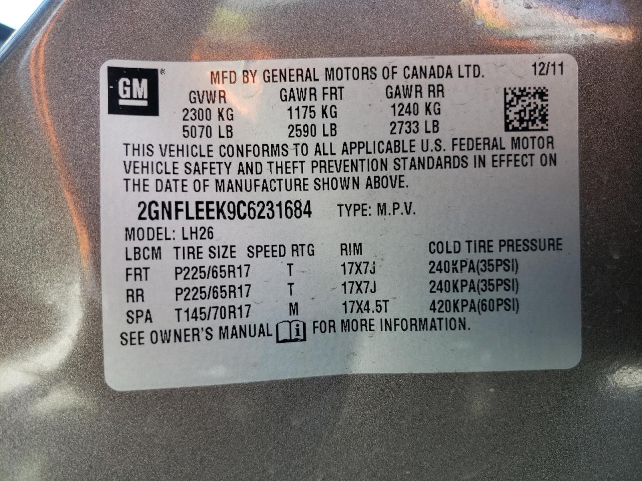 2GNFLEEK9C6231684 2012 Chevrolet Equinox Lt