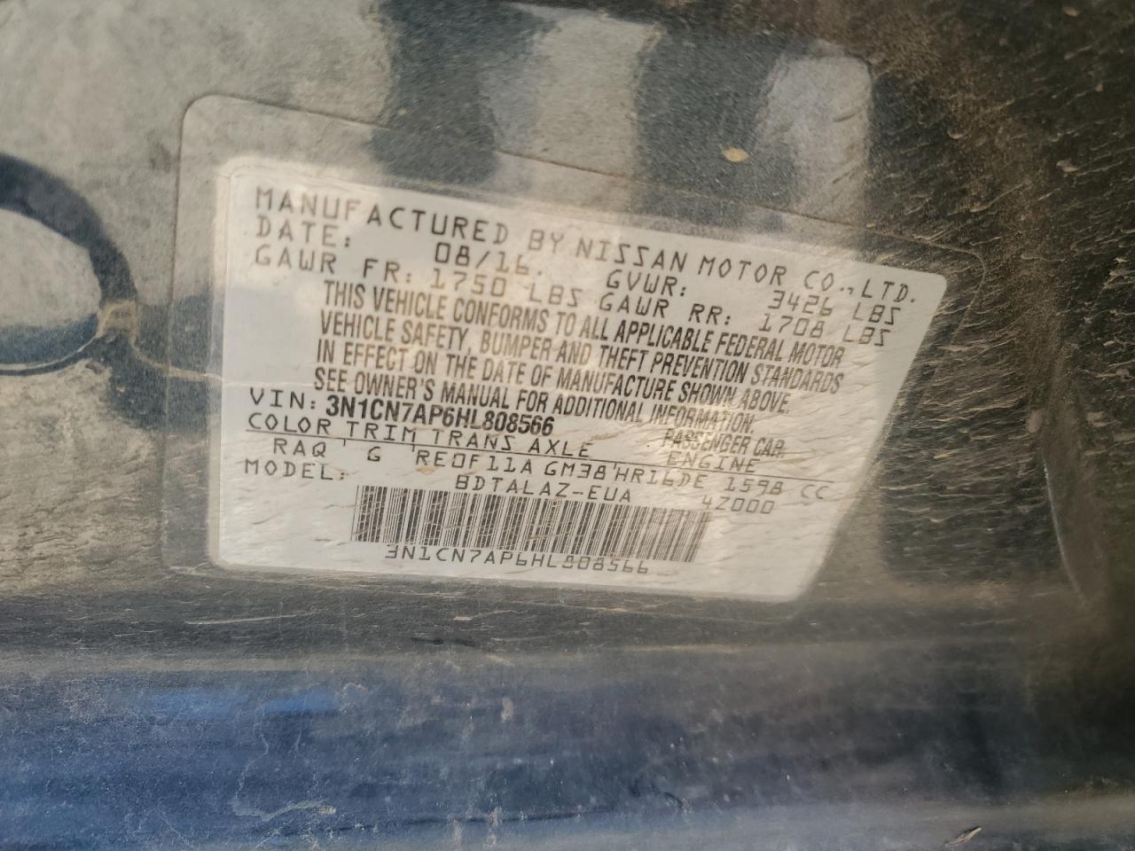 3N1CN7AP6HL808566 2017 Nissan Versa S