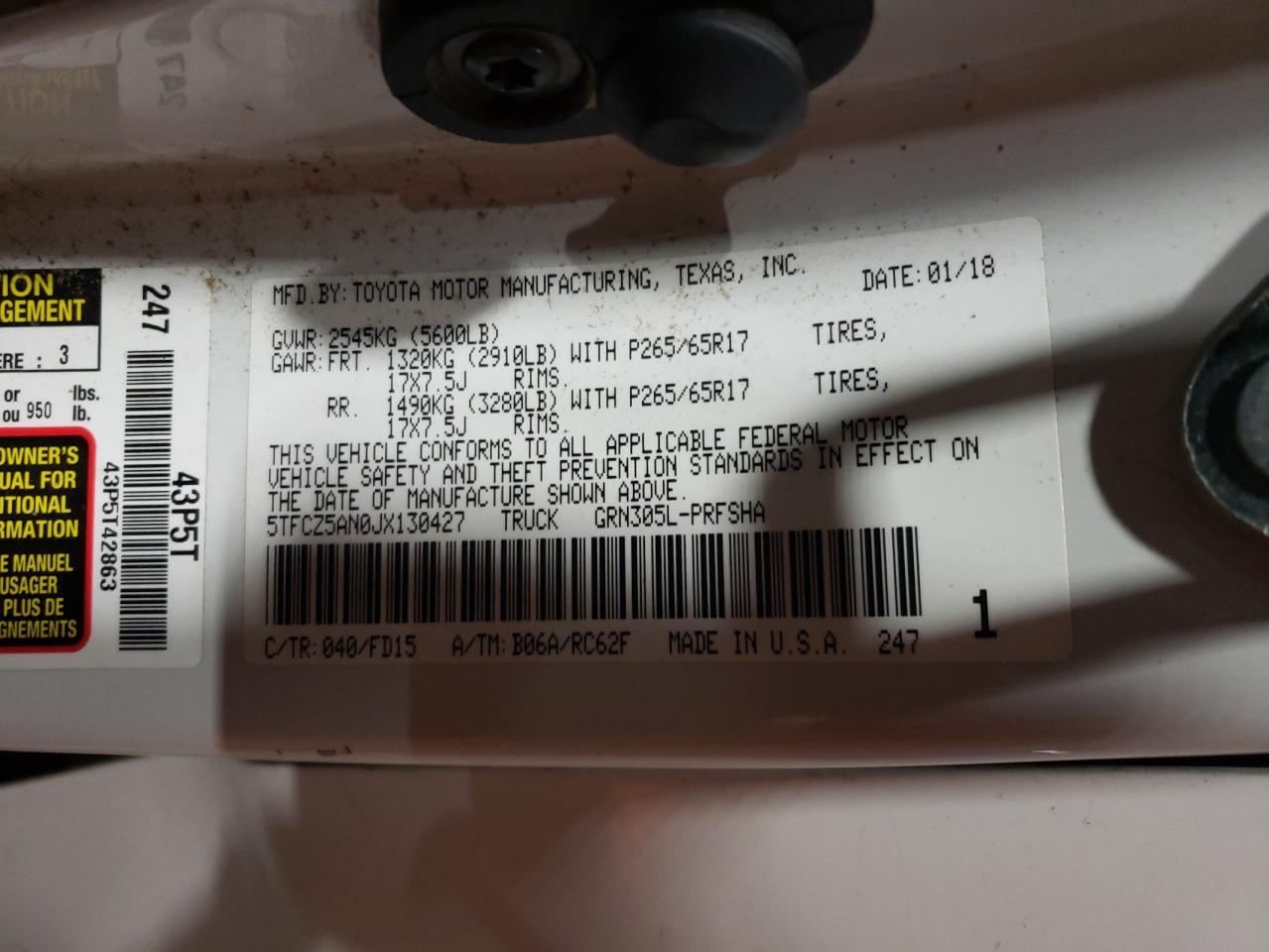 5TFCZ5AN0JX130427 2018 Toyota Tacoma Double Cab