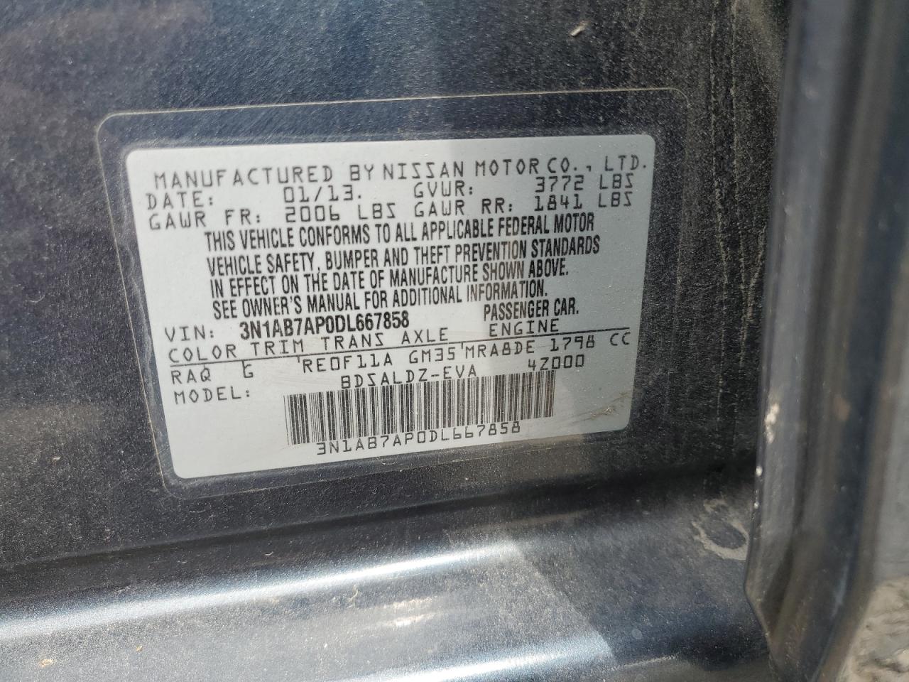 3N1AB7AP0DL667858 2013 Nissan Sentra S