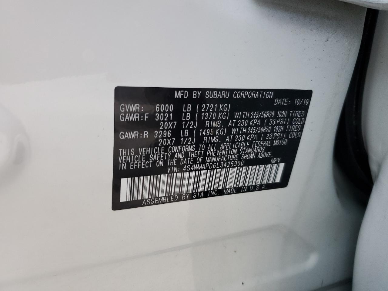 4S4WMAPD6L3425900 2020 Subaru Ascent Limited