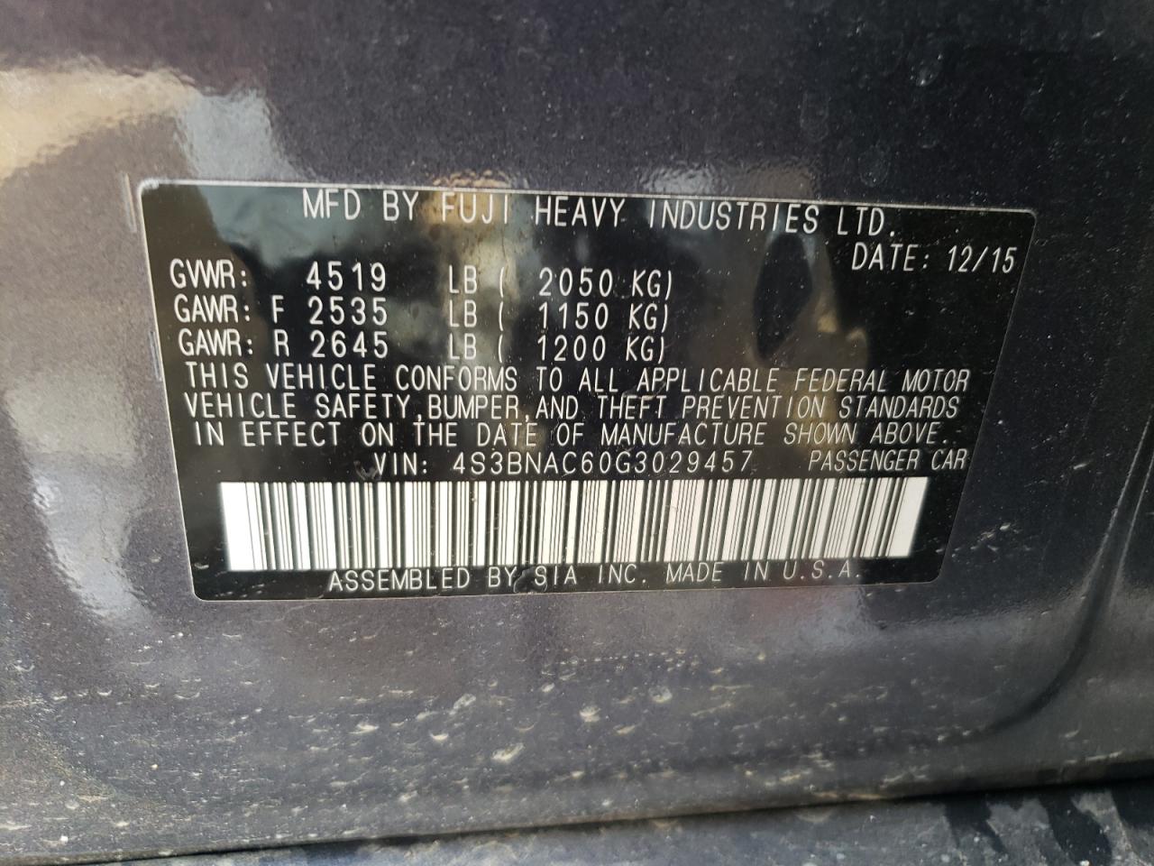 4S3BNAC60G3029457 2016 Subaru Legacy 2.5I Premium