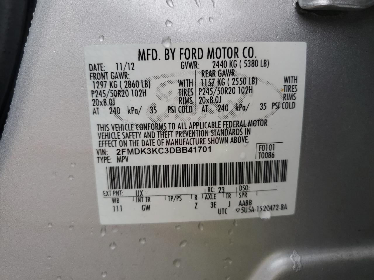 2FMDK3KC3DBB41701 2013 Ford Edge Limited