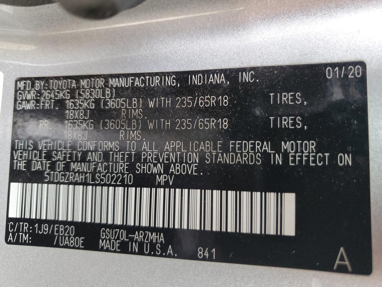 5TDGZRAH1LS502210 2020 Toyota Highlander Xle