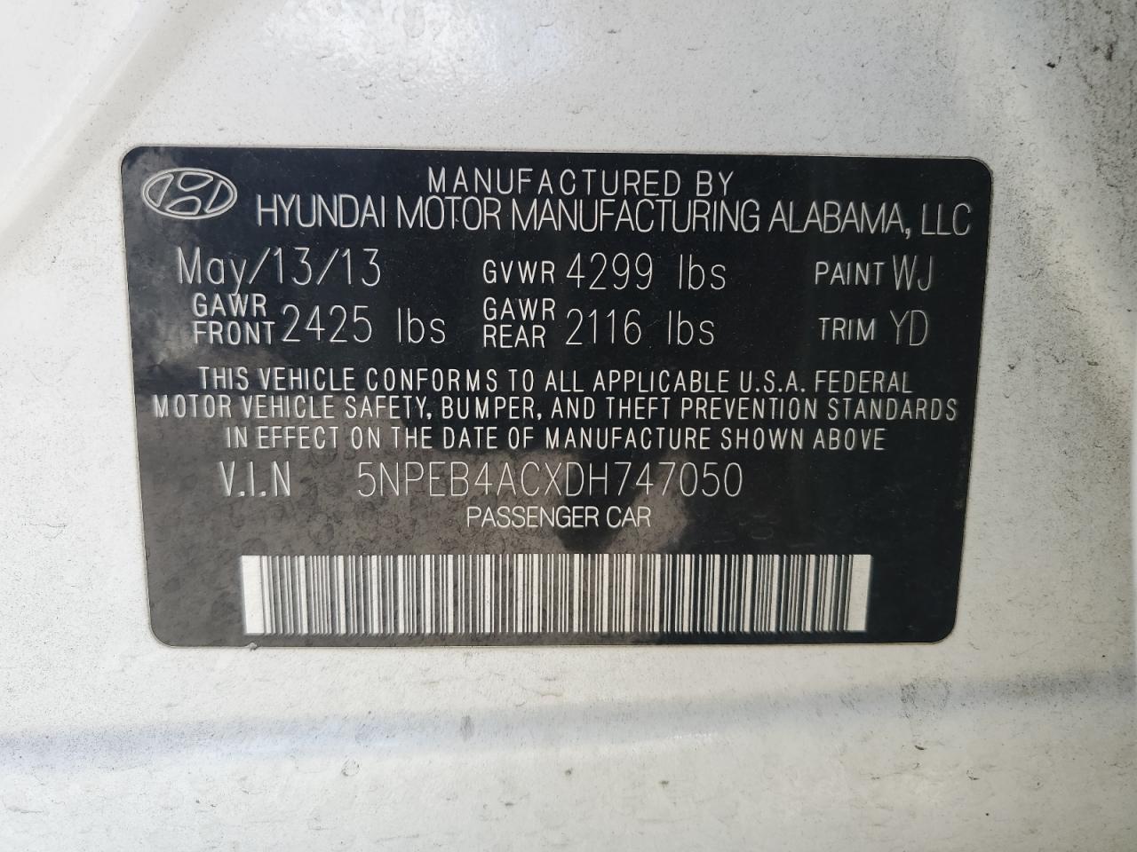 5NPEB4ACXDH747050 2013 Hyundai Sonata Gls