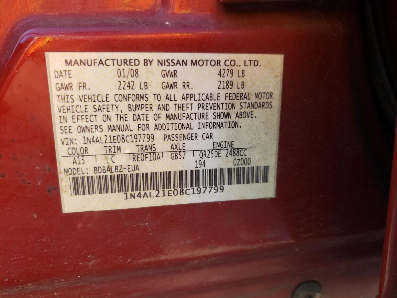 1N4AL21E08C197799 2008 Nissan Altima 2.5