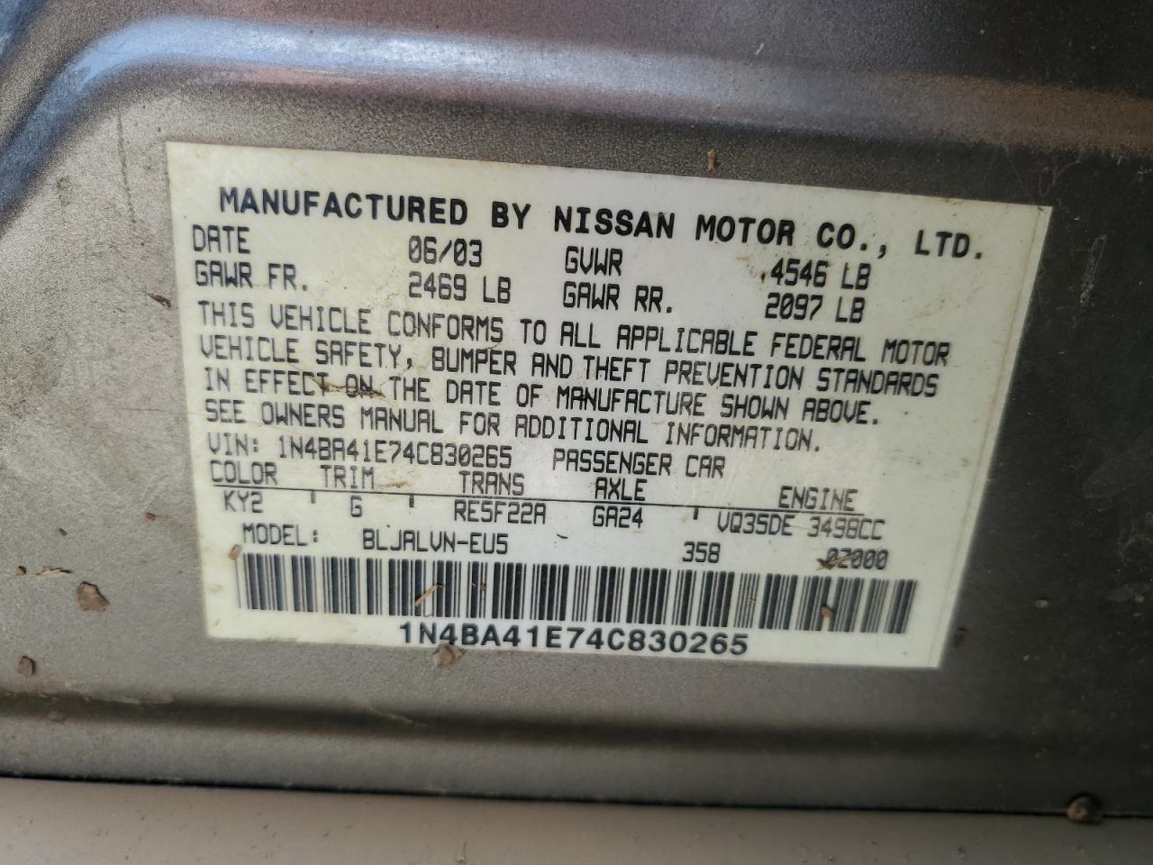 1N4BA41E74C830265 2004 Nissan Maxima Se