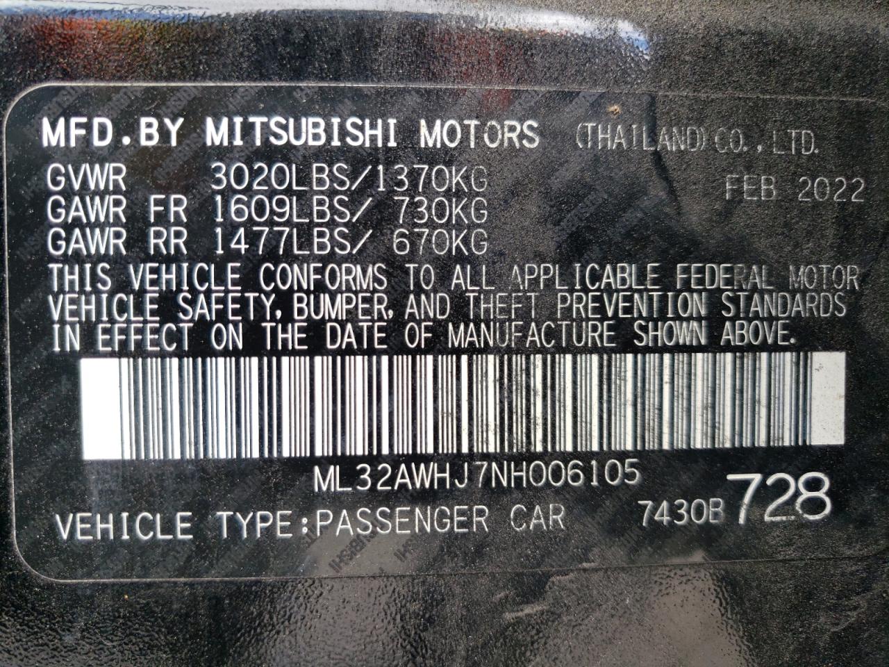 ML32AWHJ7NH006105 2022 Mitsubishi Mirage Se