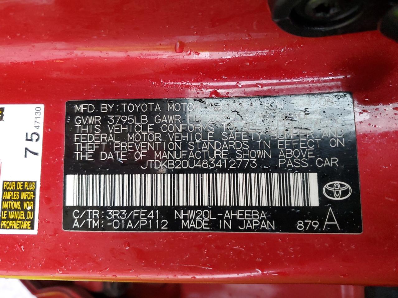 JTDKB20U483412773 2008 Toyota Prius