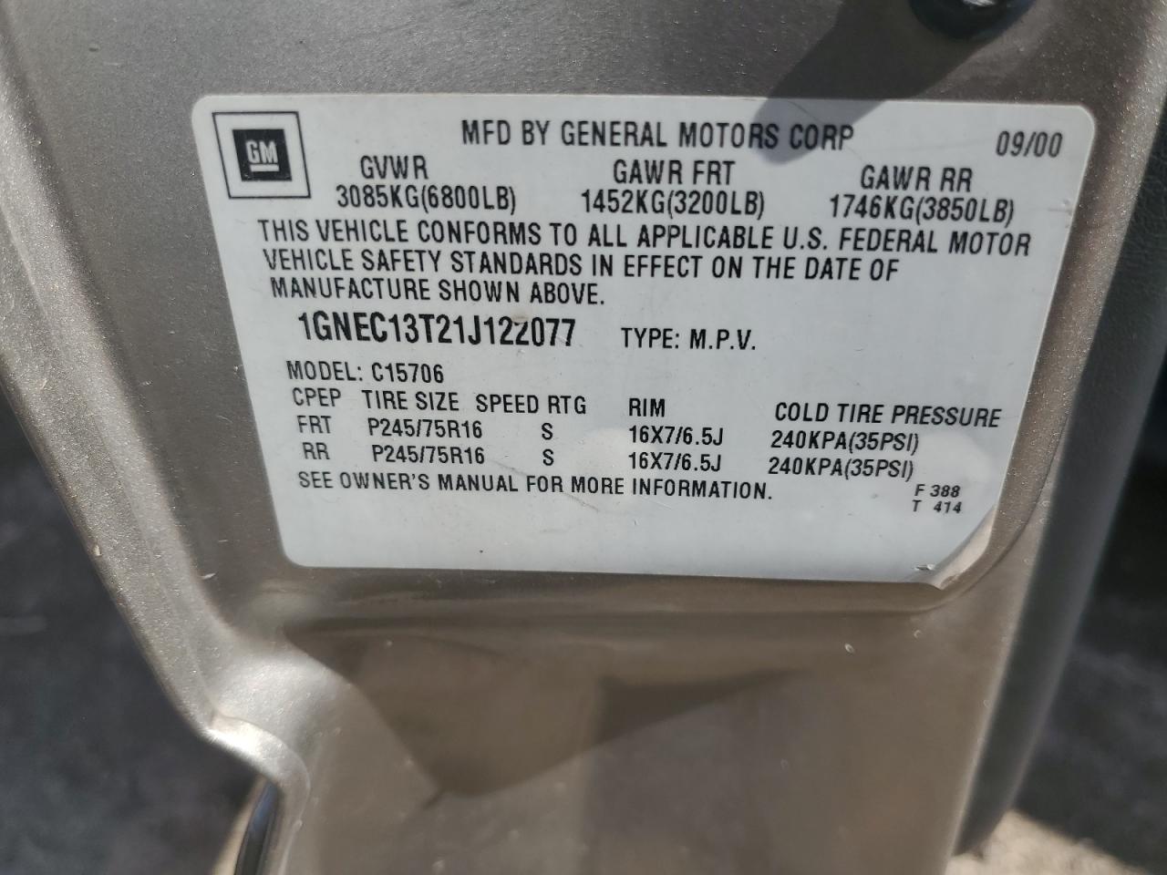 1GNEC13T21J122077 2001 Chevrolet Tahoe C1500