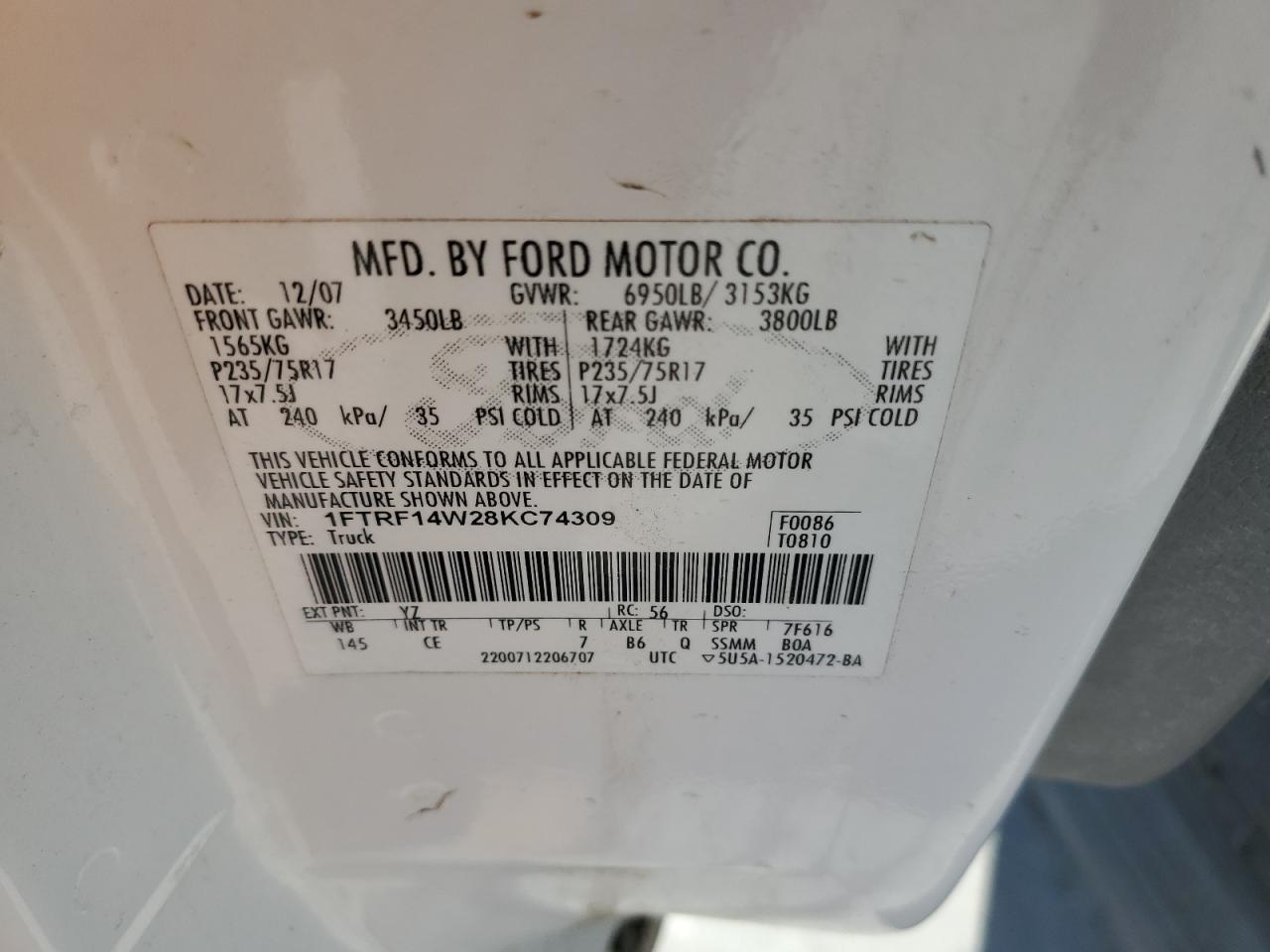 1FTRF14W28KC74309 2008 Ford F150