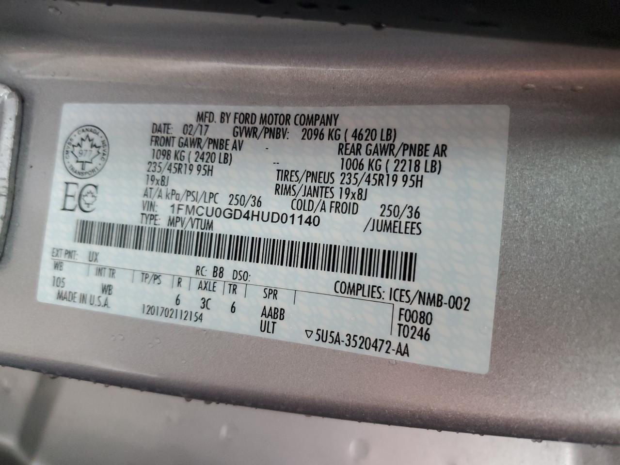 1FMCU0GD4HUD01140 2017 Ford Escape Se