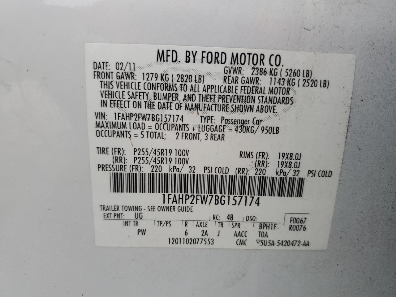 1FAHP2FW7BG157174 2011 Ford Taurus Limited