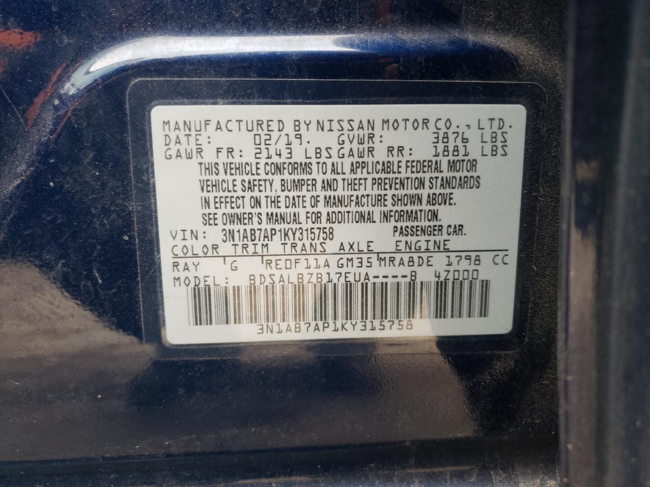 3N1AB7AP1KY315758 2019 Nissan Sentra S