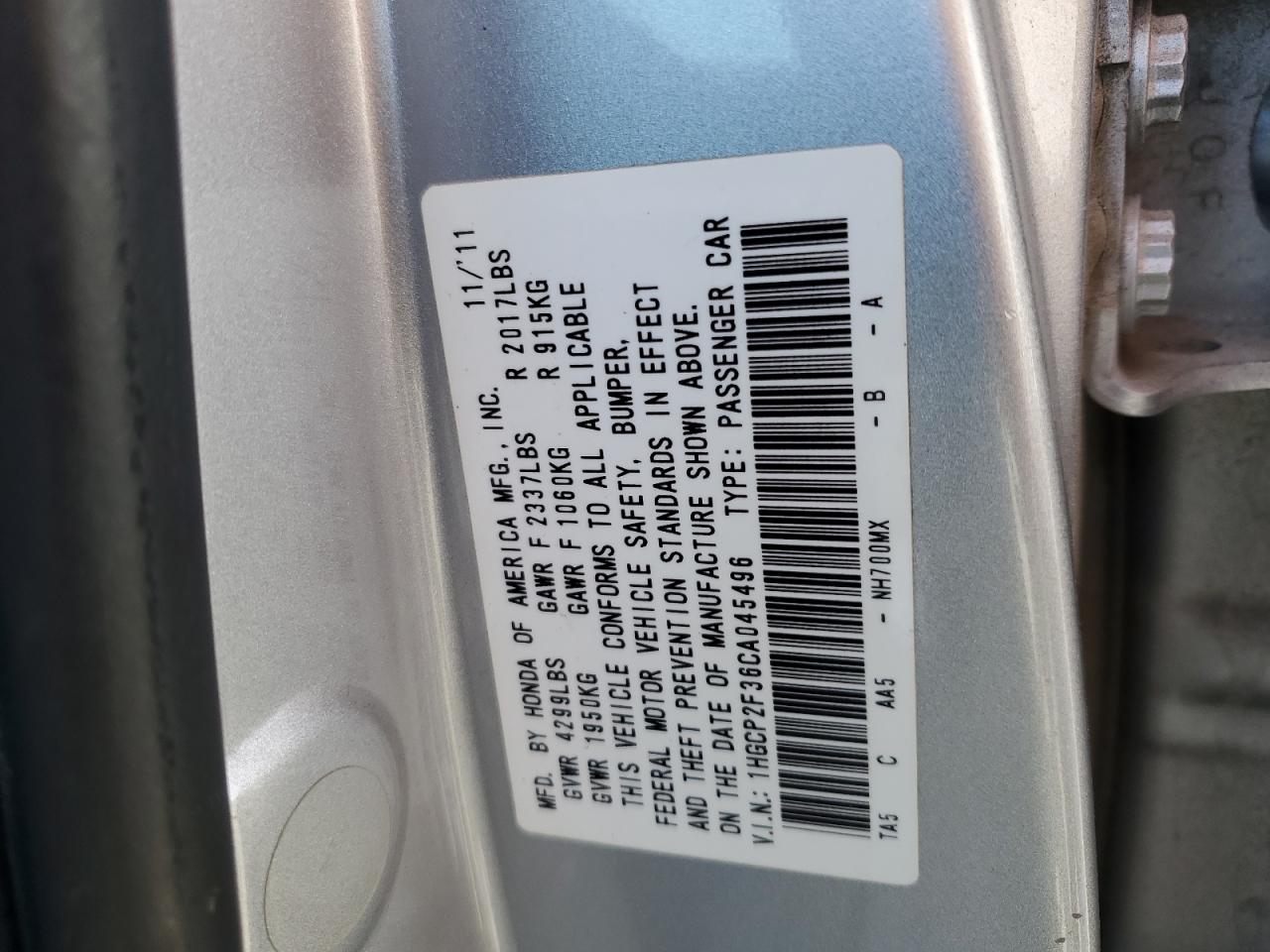 1HGCP2F36CA045496 2012 Honda Accord Lx