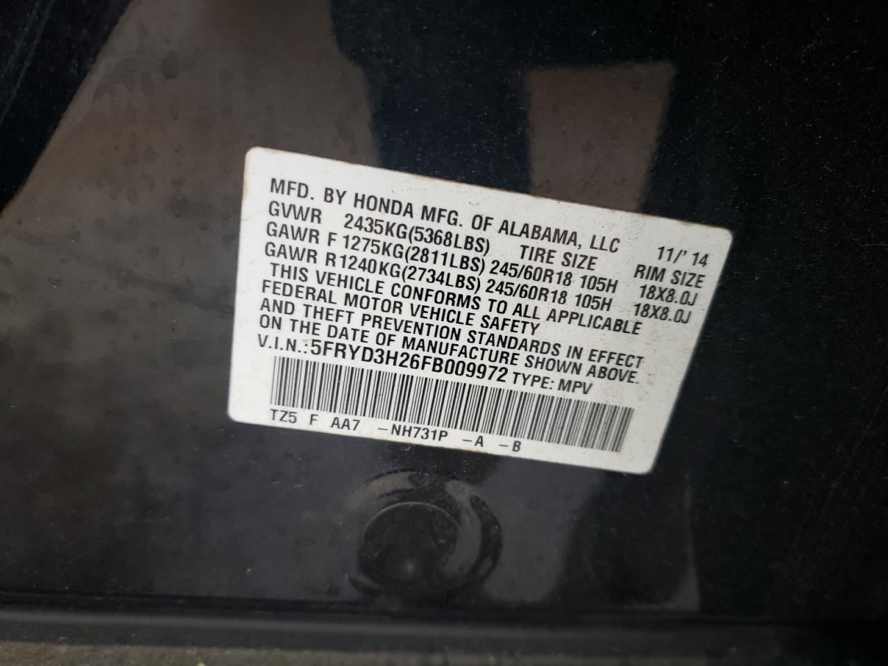 5FRYD3H26FB009972 2015 Acura Mdx