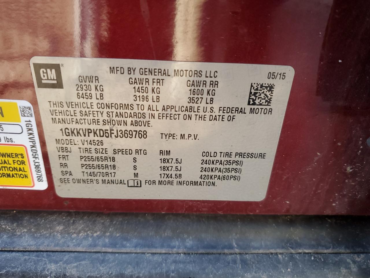 1GKKVPKD5FJ369768 2015 GMC Acadia Sle