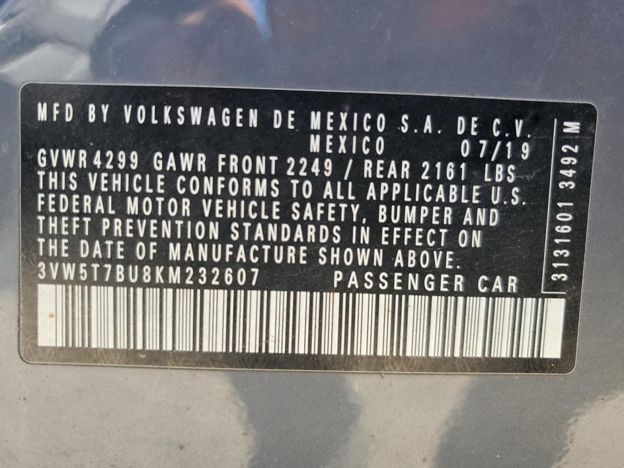 3VW5T7BU8KM232607 2019 Volkswagen Jetta Gli