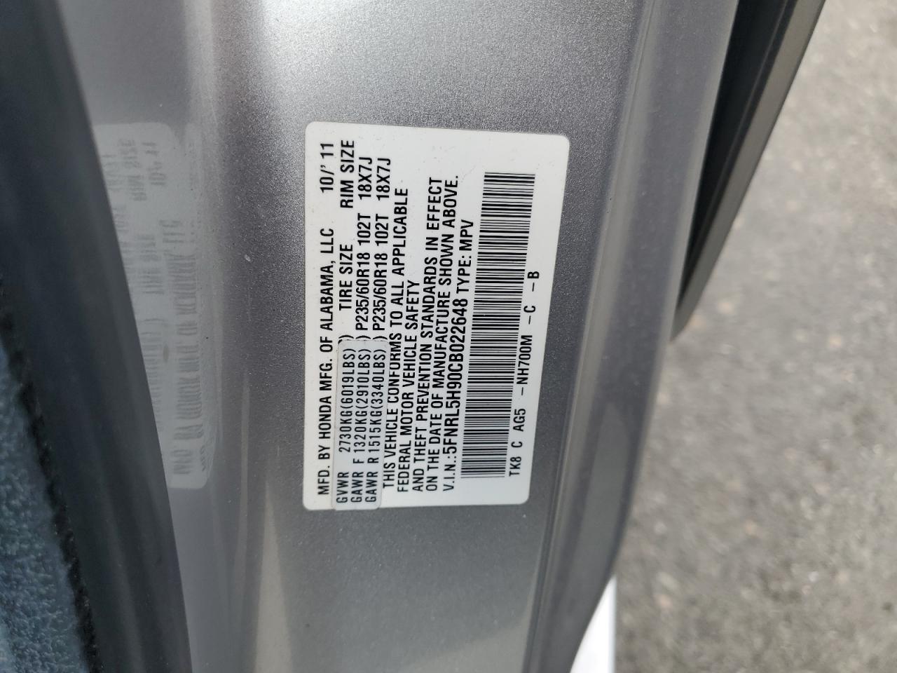 5FNRL5H90CB022648 2012 Honda Odyssey Touring