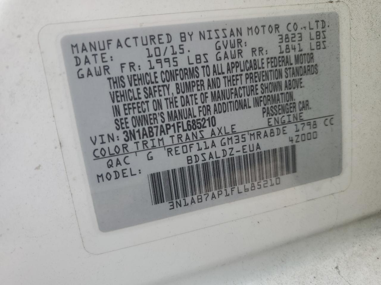 3N1AB7AP1FL685210 2015 Nissan Sentra S
