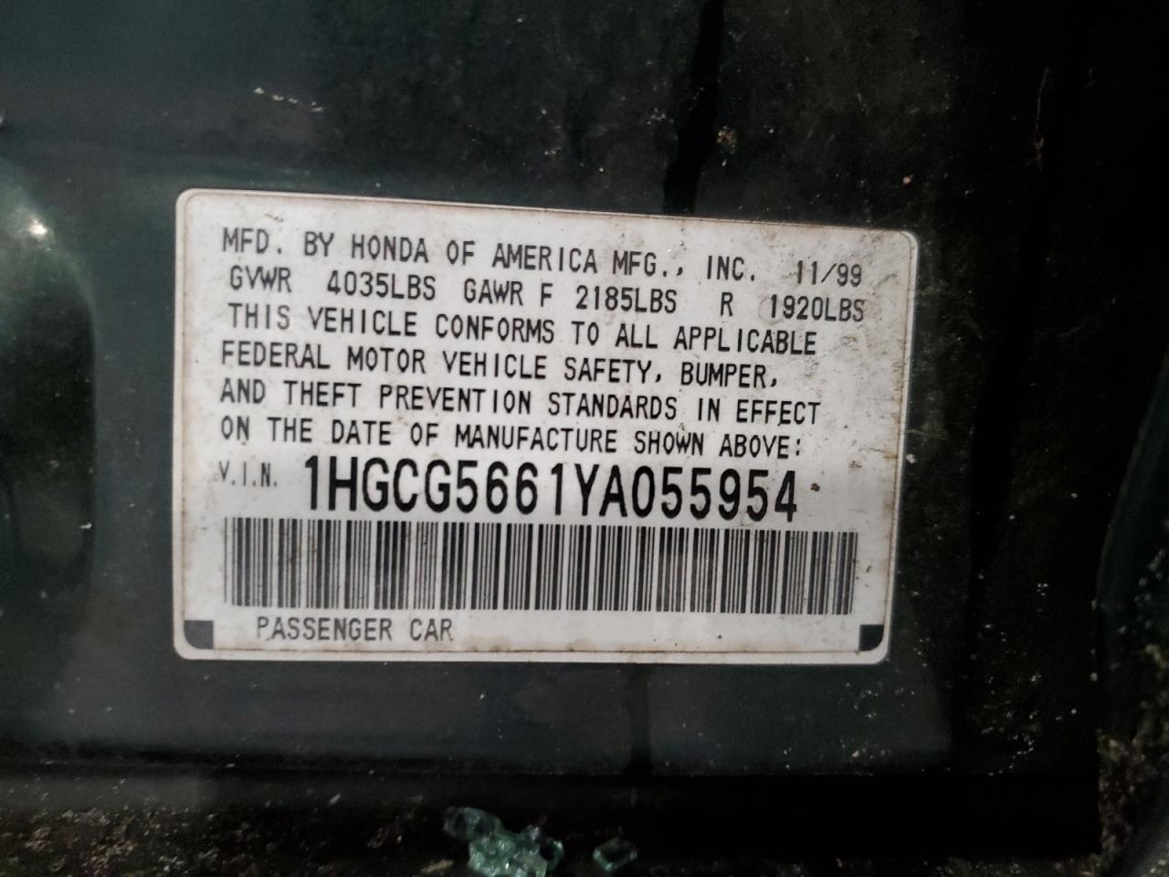 1HGCG5661YA055954 2000 Honda Accord Ex