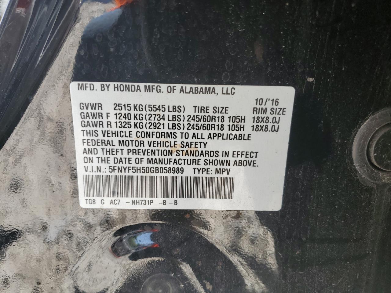 5FNYF5H50GB058989 2016 Honda Pilot Exl