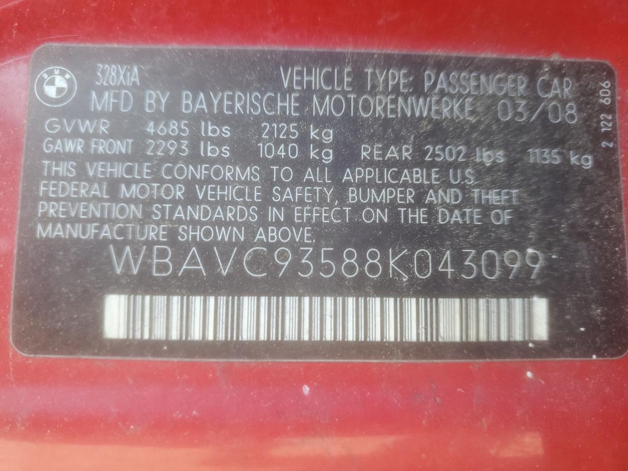 WBAVC93588K043099 2008 BMW 328 Xi